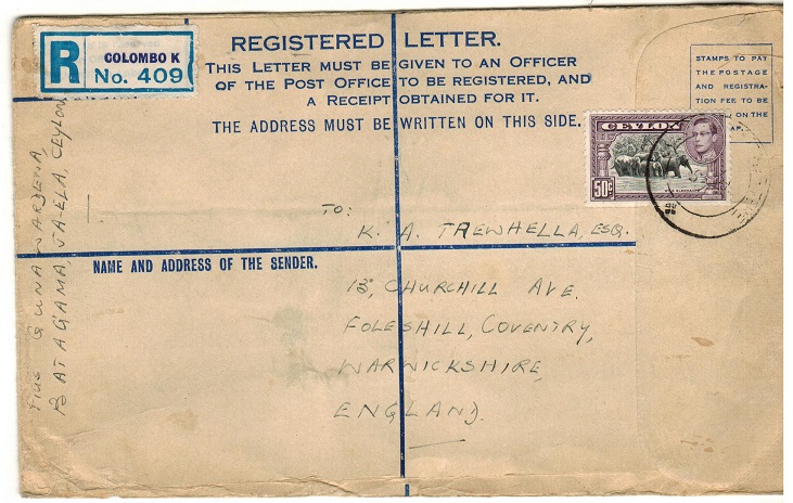 CEYLON - 1950 use of FORMULA registered postal stationery envelope to UK at COLOMBO.