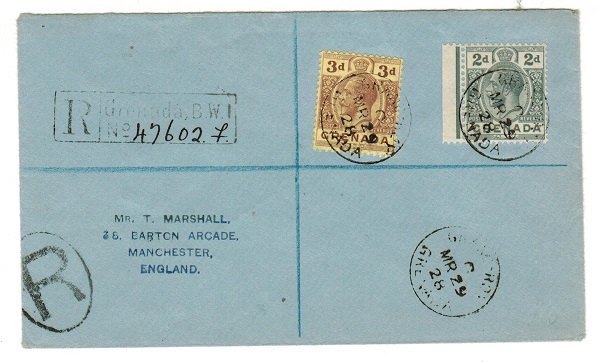 GRENADA - 1928 5d rate registered cover to UK used at GRAND ROY.