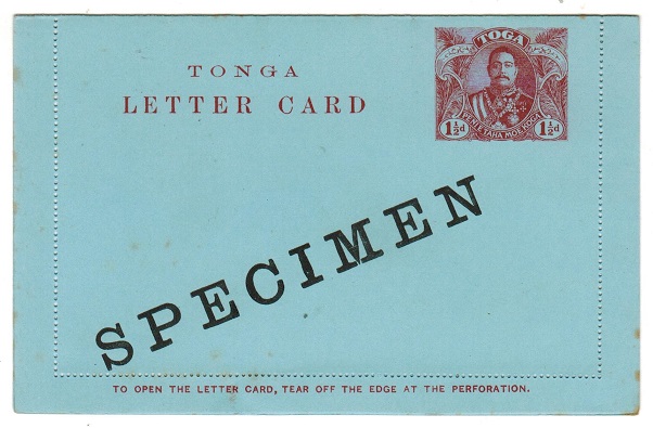 TONGA - 1910 1 1/2d claret postal stationery letter card unused SPECIMEN.  H&G 1.