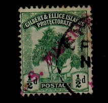 GILBERT AND ELLICE IS - 1911 1/2d (SG 8) struck by part red S.S.MUNIARA maritime handstamp.