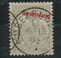 SWAZILAND - 1892 1/2d grey used with SLANTING OVERPRINT variety.  SG 10.