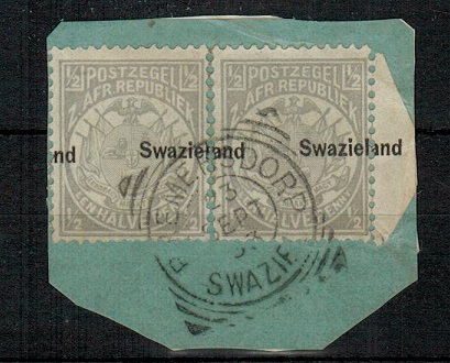 SWAZILAND - 1889 1/2d grey (x2) used on piece with MISPLACED OVERPRINT variety.  SG 4.