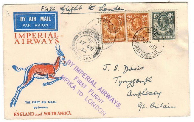 NORTHERN RHODESIA - 1932 first flight cover to UK used at MPIKA.