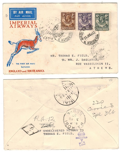 NORTHERN RHODESIA - 1932 first flight cover to Greece used at BROKEN HILL.