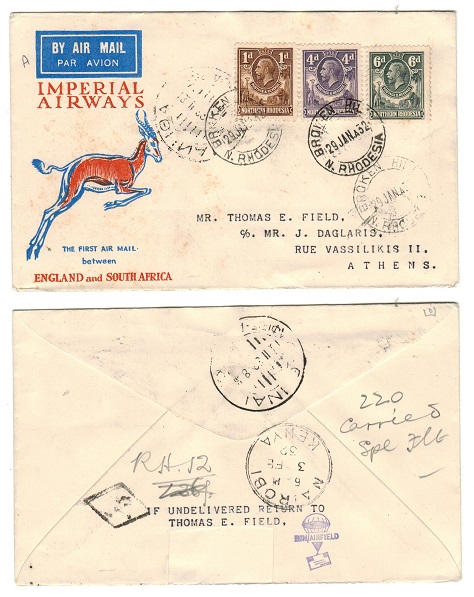 NORTHERN RHODESIA - 1932 first flight cover to Greece used at BROKEN HILL.