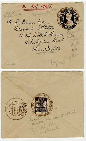 PAKISTAN - 1948 1 1/2a purple PSE to Delhi with Pakistan h/s STRUCK TWICE used at EXPERIMENTAL PO.  