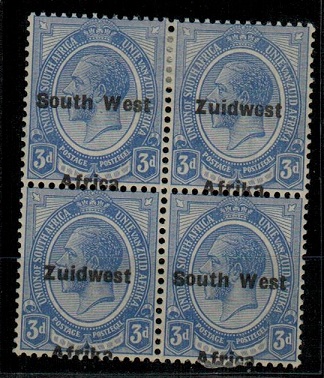 SOUTH WEST AFRICA - 1926 3d ultramarine mint block of four with MISPLACED OVERPRINT.  SG 32.