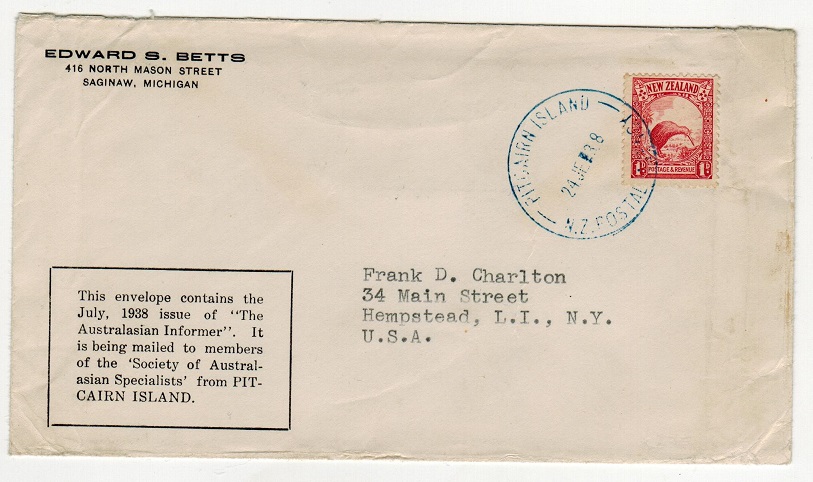 PITCAIRN ISLAND - 1938 1d rate cover to USA cancelled PITCAIRN ISLAND in 
