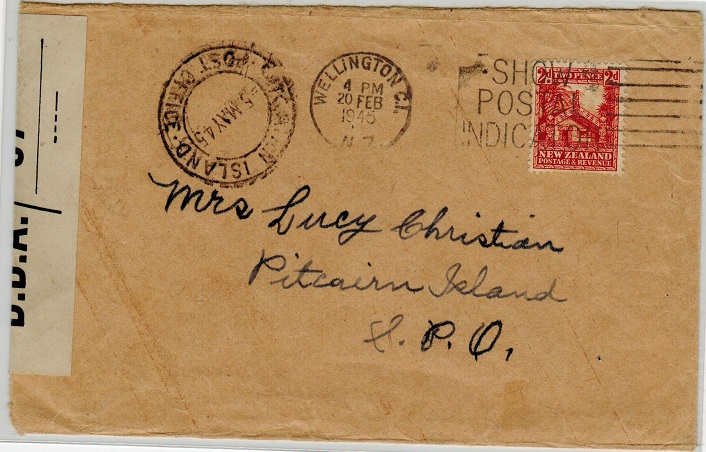 PITCAIRN ISLAND - 1945 inward censor cover from New Zealand.