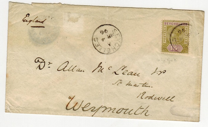 SEYCHELLES - 1896 15c rate cover to UK.