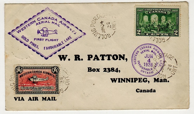 CANADA - 1928 first flight cover to Winnipeg used from ROLLING PORTAGE.