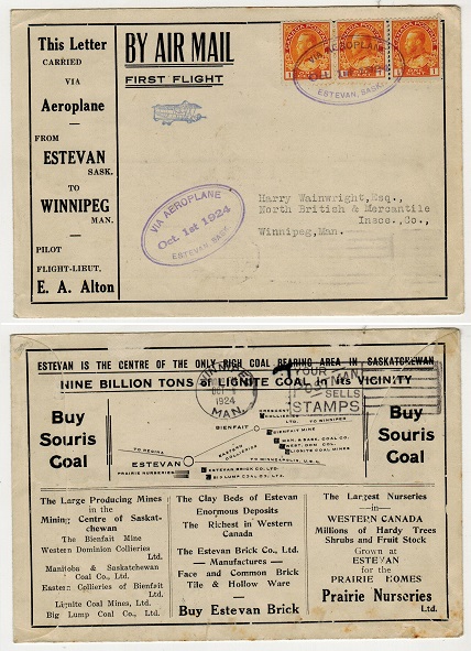CANADA - 1924 first flight cover to Winnipeg used from ESTEVAN.