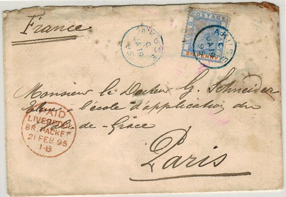 GOLD COAST - 1895 2 1/2d rate cover to France used at AKUSE with 