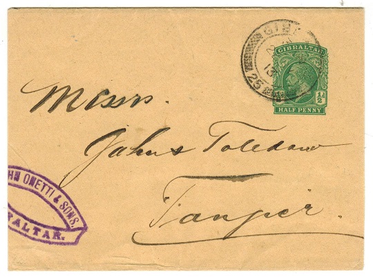 GIBRALTAR - 1912 1/2d green postal stationery wrapper addressed to Tangier.  h&g 12.