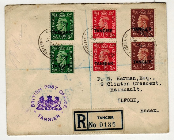 MOROCCO AGENCIES - 1946 registered cover to UK with violet crested BPO/TANGIER h/s applied.