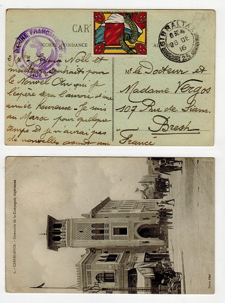 MOROCCO AGENCIES - 1916 French maritime use of postcard addressed to France. 