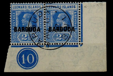 BARBUDA - 1922 2 1/2d bright blue PLATE 10 pair fine used with INVERTED WATERMARK.  SG 4w.