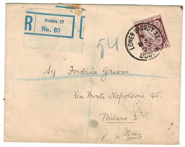 IRELAND - 1927 6d rate registered cover to Italy used at LOWER BAGGOT STREET/DUBLIN.