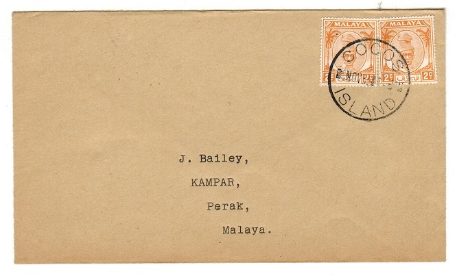 COCOS ISLAND - 1955 4c rate local cover bearing Perak adhesives tied COCOS ISLAND