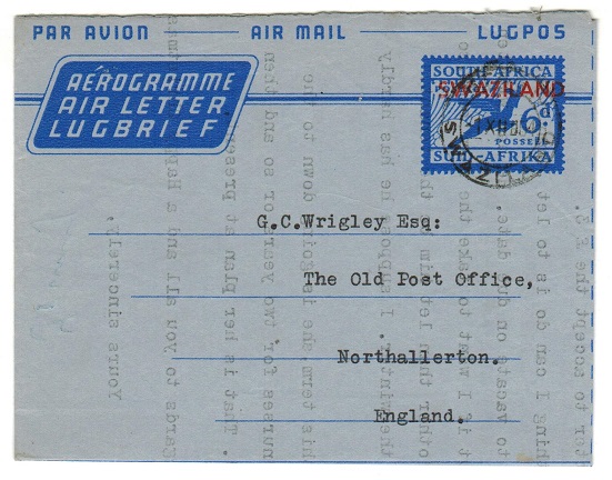 SWAZILAND - 1954 6d air letter to UK used at STEGI.  H&G 14.