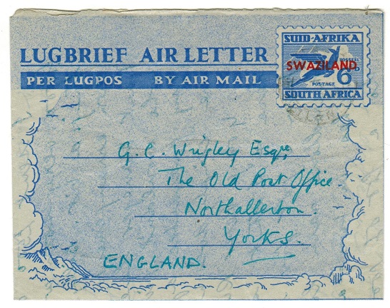 SWAZILAND - 1951 6d air letter to UK used at STEGI.  H&G 13.