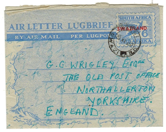 SWAZILAND - 1951 6d air letter to UK used at STEGI.  H&G 12.