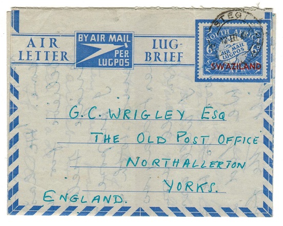SWAZILAND - 1949 6d air letter to UK used at STEGI.  H&G 8.