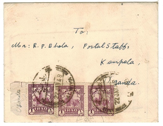 IRAQ - 1948 3 fils rate cover to Uganda used at ALWIYA.