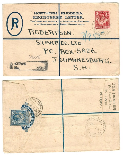 NORTHERN RHODESIA - 1938 4d blue RPSE to South Africa used at KITWE.