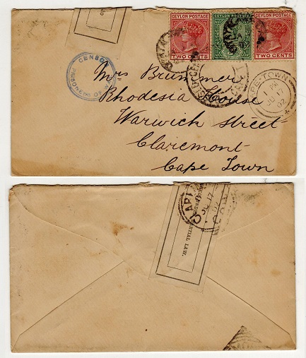 CEYLON - 1902 7c rate censored cover to Cape used during Boer War from Diyatawala Prisoner Camp.