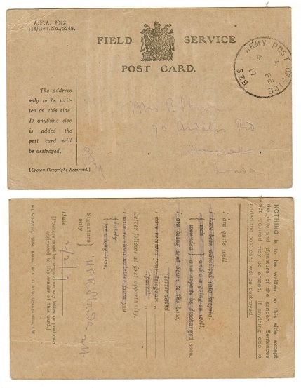EGYPT - 1917 use of FIELD SERVICE postcard from ARMY POST OFFICE/SZ9.