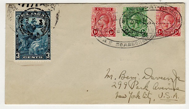 ST.VINCENT - 1934 2 1/2d rate cover to USA with Canadian 3c added sent on H.M.S. SCARBOROUGH.