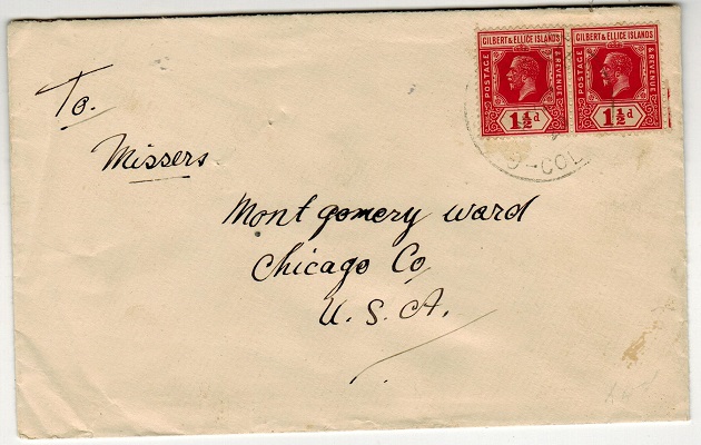 GILBERT AND ELLICE IS - 1929 1 1/2d rate cover to USA used at TARAWA.