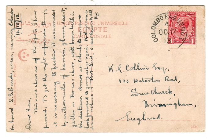 CEYLON - 1913 PPC cancelled COLOMBO PAQUEBOT.