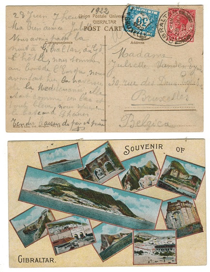 GIBRALTAR - 1922 underpaid postcard to Belgium with postage due applied on arrival.