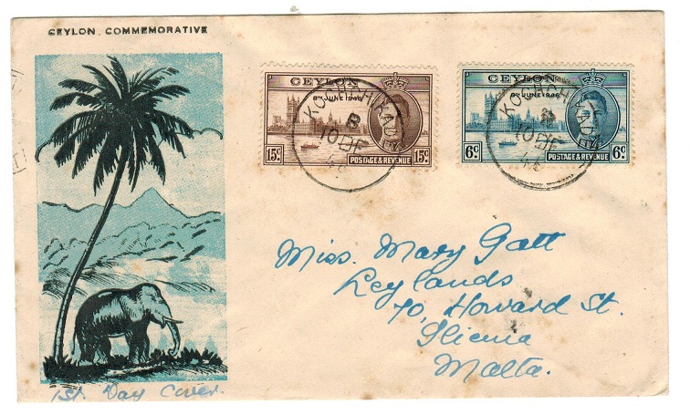 CEYLON - 1946 use of illustrated cover to Malta bearing 