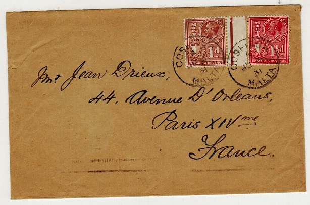 MALTA - 1931 2 1/2d rate cover to France used at COSPICUA.
