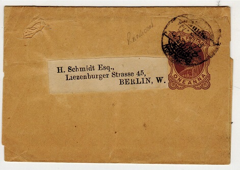 BURMA - 1895 1a brown postal stationery wrapper of India to Germany used at RANGOON.  H&G 2.