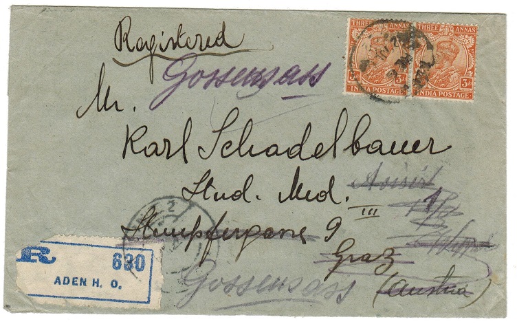 ADEN - 1922 6a rate registered cover to Austria.