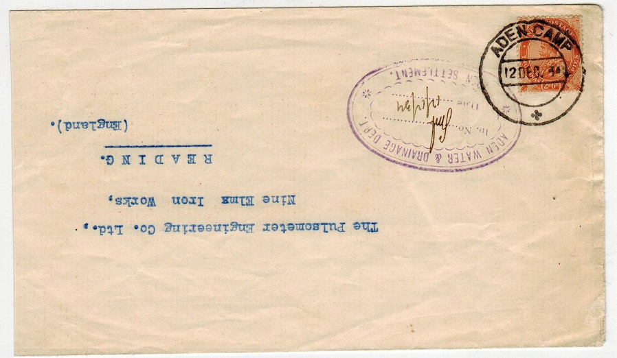 ADEN - 1936 2a6p rate cover to UK used at ADEN CAMP.