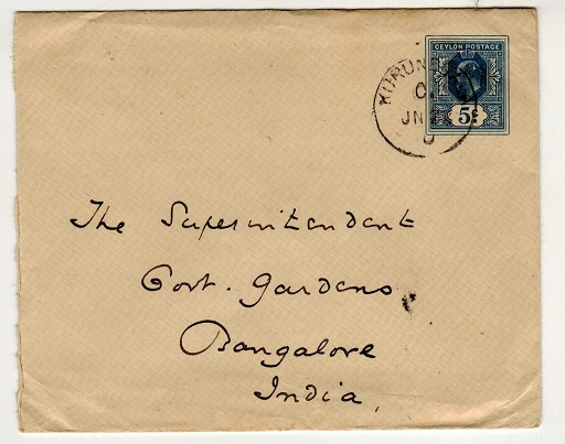 CEYLON - 1909 5c blue PSE to India used at KURUNEGALA.  H&G 37a.