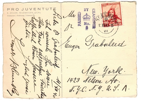 GIBRALTAR - 1940 transit cover from Switzerland to USA with PASSED/BY/EXAMINER/No.5 h/s.