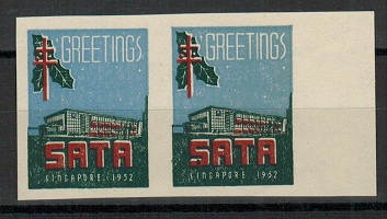 SINGAPORE - 1952 SATA-TB greetings label IMPERFORATE PLATE PROOF pair.