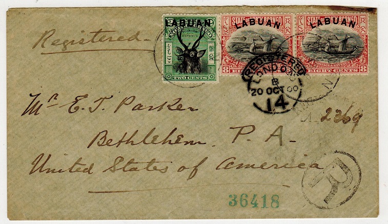 LABUAN - 1900 18c rate registered cover to USA used at LABUAN.