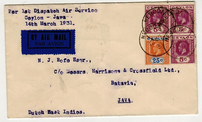 CEYLON - 1931 first flight cover from Neboda to Java. Only 14 covers flown.
