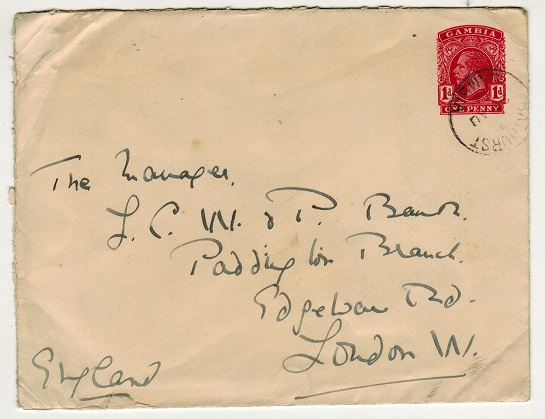 GAMBIA - 1912 1d PSE to UK used at BATHURST.  H&G 2a.