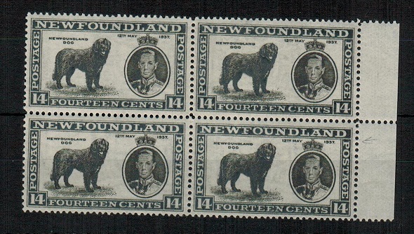 NEWFOUNDLAND - 1937 14c black U/M block of 4 with MAJOR RE-ENTRY.  SG 216.