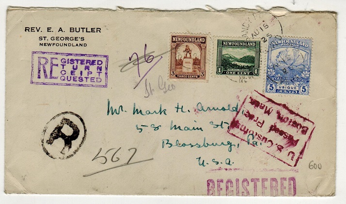 NEWFOUNDLAND - 1925 9c rate registered cover to USA used at SANDY POINT.