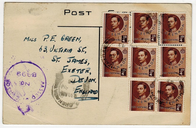 GRENADA - 1953 2d rate censored postcard use to UK. 