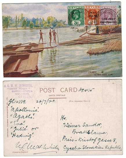 CEYLON - 1920 6c rate postcard use to Czechoslovakia.